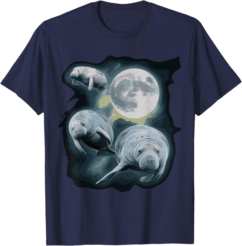 Manatee Howling Moon Manatee Sea Cow Three Manatee Howling At The Moon T-Shirt - Navy Blue