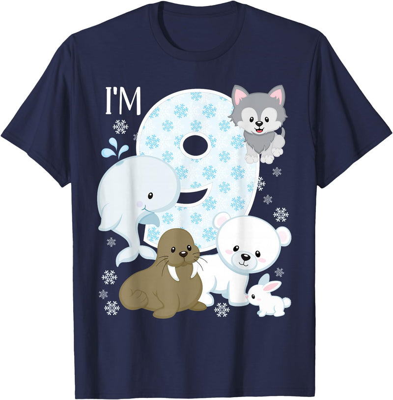 Arctic Animals Birthday Party Family Matching Bday Arctic Animals 9th Birthday Polar Bear Walrus Fox Sea Theme T-Shirt - Navy Blue