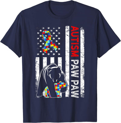 Distressed American Flag Autism Paw Bear Awareness T-Shirt