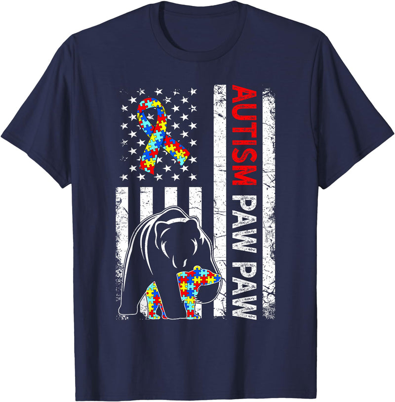 Distressed American Flag Autism Paw Paw Bear Awareness T-Shirt - Navy Blue