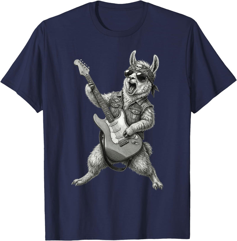 Rock Guitar Llama Stuff Accessories & Gifts Llama Playing Guitar Rock & Roll Llamas Alpaca Rocker Music T-Shirt - Navy Blue