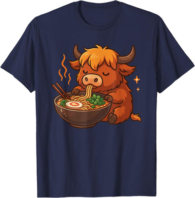 Highland Cow Eating Ramen Kawaii Anime Animals Higland Cow T-Shirt