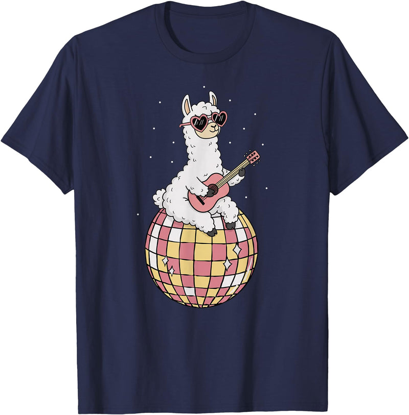 DiscoballAxis1 Funny Llama Disco Dancing Ball Groovy Retro 80s Costume T-Shirt - Navy Blue