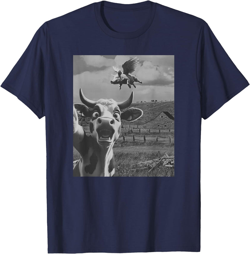 When Pigs Fly Pig Lover Designs Apparel Gifts Cow Selfie With Flying Pigs Fly Funny Gift for Men Women Kid T-Shirt - Navy Blue