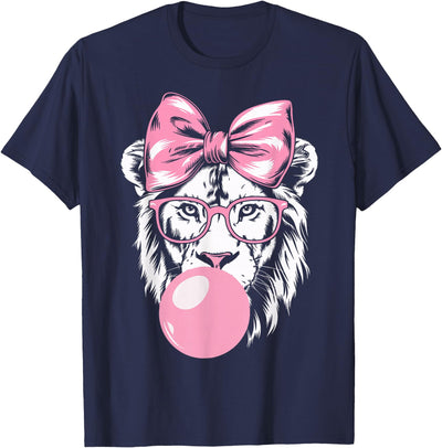 Lion Wearing Glasses and Blowing Pink Bubble Gum T-Shirt