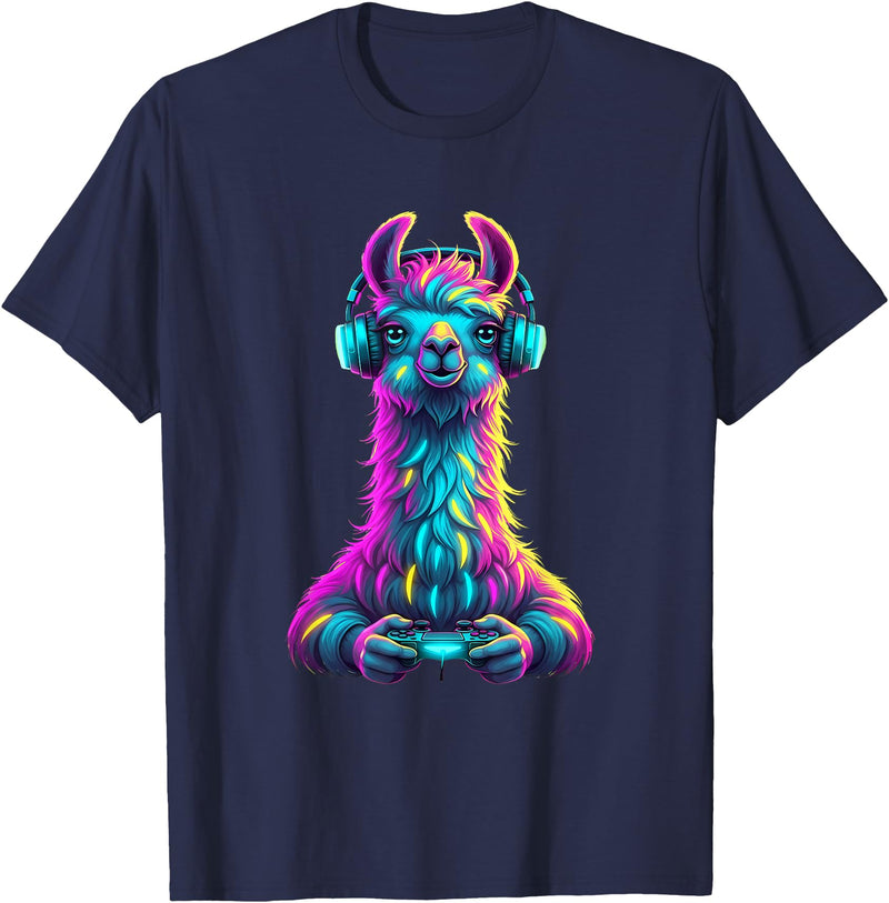 Llama Gamer Lovers Animal Men Women Kids Llama Gaming Animal Video Games Funny Llama T-Shirt - Navy Blue