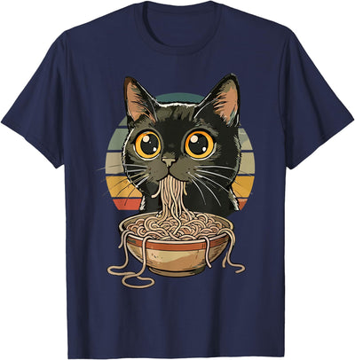 Funny Japanese Ramen Lover Cat Cat Ramen Retro Sunset Anime Kawaii Eating Noodles T-Shirt