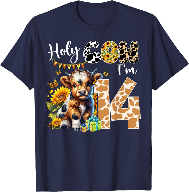 Cute Cow Farm Themed Birthday Girls Family Party Holy Cow I’m 14 Years Old Dairy Cow Sunflowers 14th Birthday T-Shirt - Navy