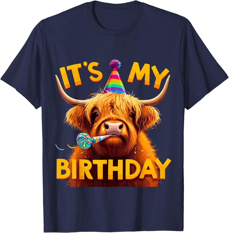 Humorous Highland Cow Gifts It's my Birthday Party Highland Cow T-Shirt - Navy Blue