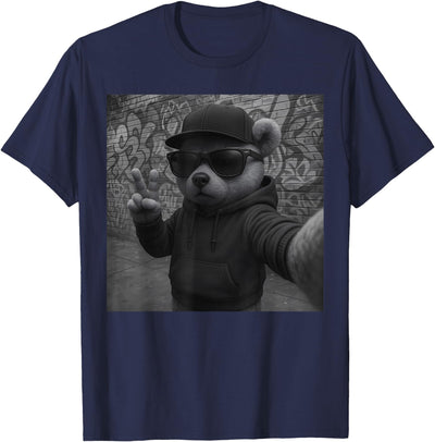 Hip Hop Teddy Bear Selfie Urban Streetwear Peace Sign Rap T-Shirt