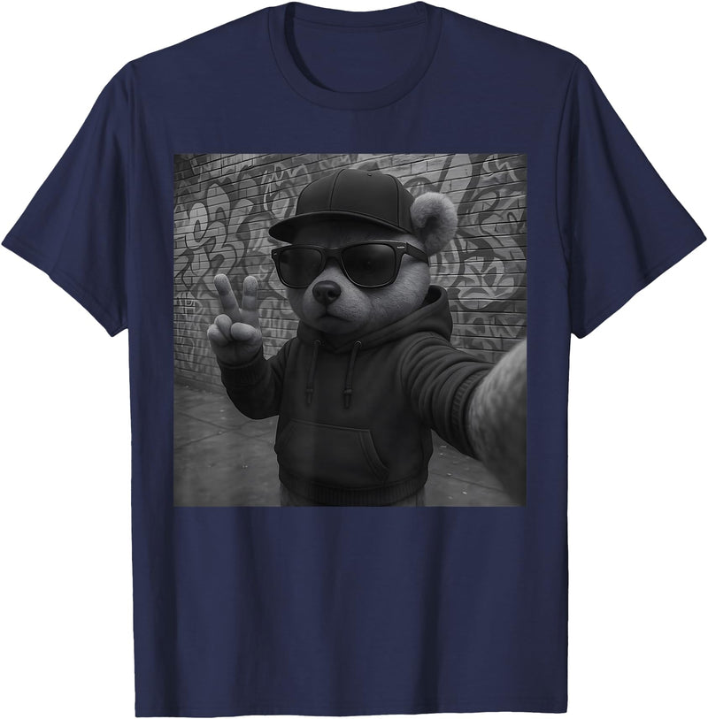 Teddy Bear Graphic Streetwear Hip Hop Men's Design Hip Hop Teddy Bear Selfie Urban Streetwear Peace Sign Rap T-Shirt - Navy Blue
