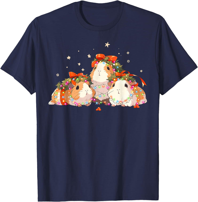 Guinea Pig Christmas Clothing Guinea Pigs Tangled Up In Christmas Lights Guinea Pig Lover T-Shirt - Navy Blue