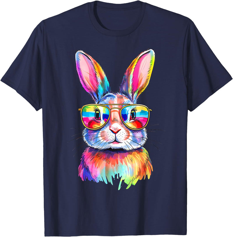 Funny Bunny Easter Rabbit Sunglasses Tie Dye Men Women Kids T-Shirt in Navy Blue