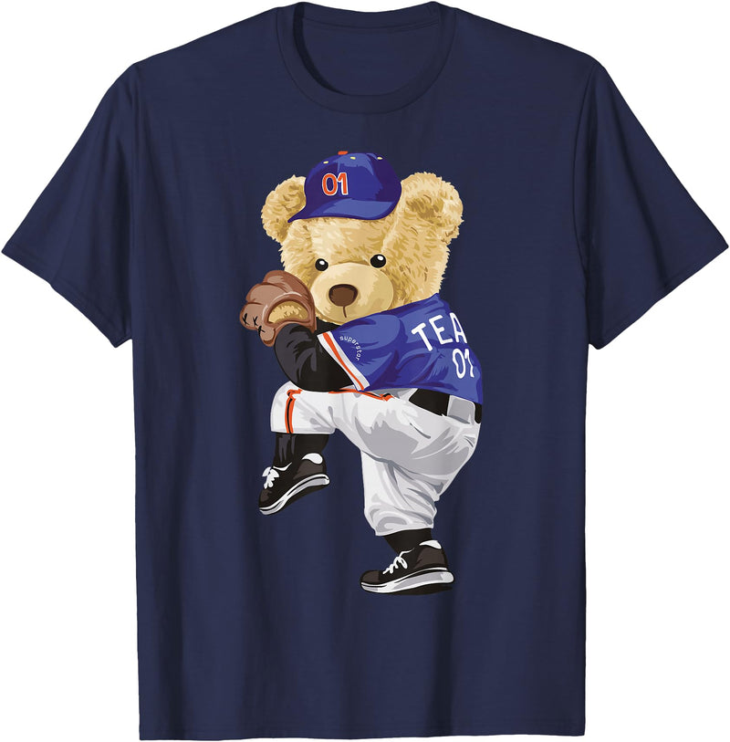 BERSLL Cute Teddy Bear Baseball Jug Sweatshirt T-Shirt - Navy Blue