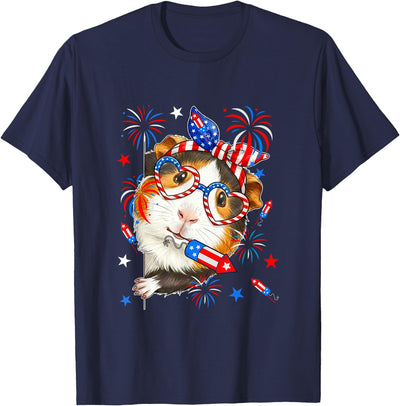 Guinea Pig Sunglasses US Flag Bow Tie Fireworks 4th July T-Shirt