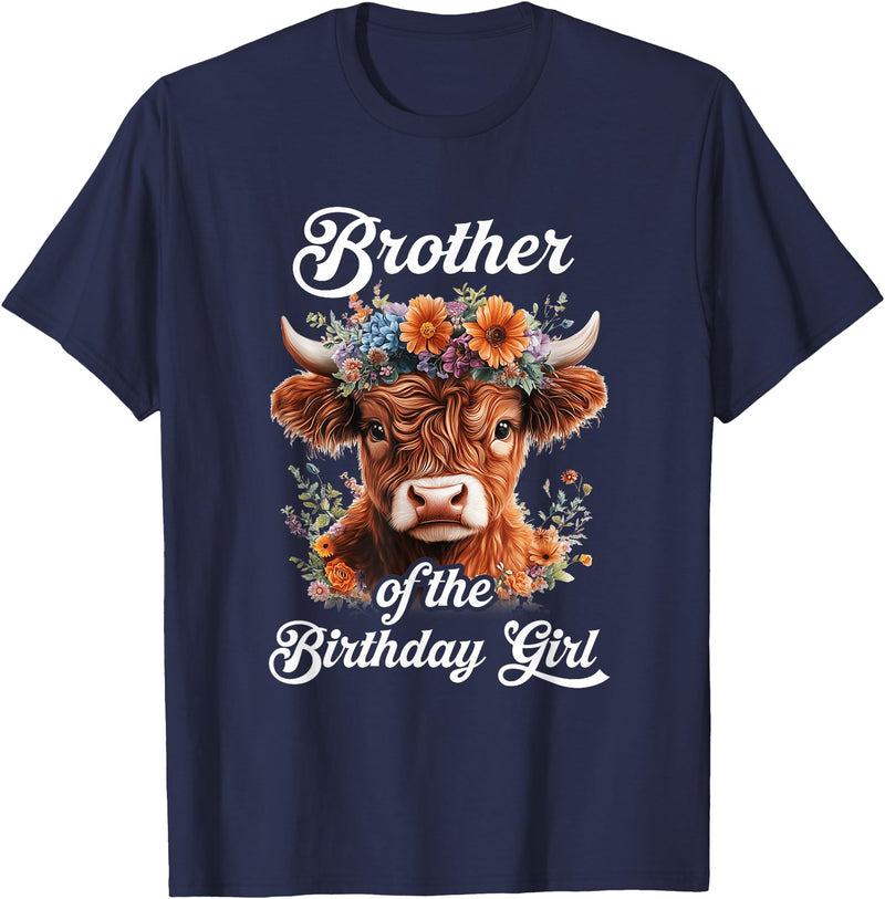 Brother Highland Cow Birthday Girl Brother Of The Birthday Girl Highland Cow Farm Family T-Shirt - Navy Blue