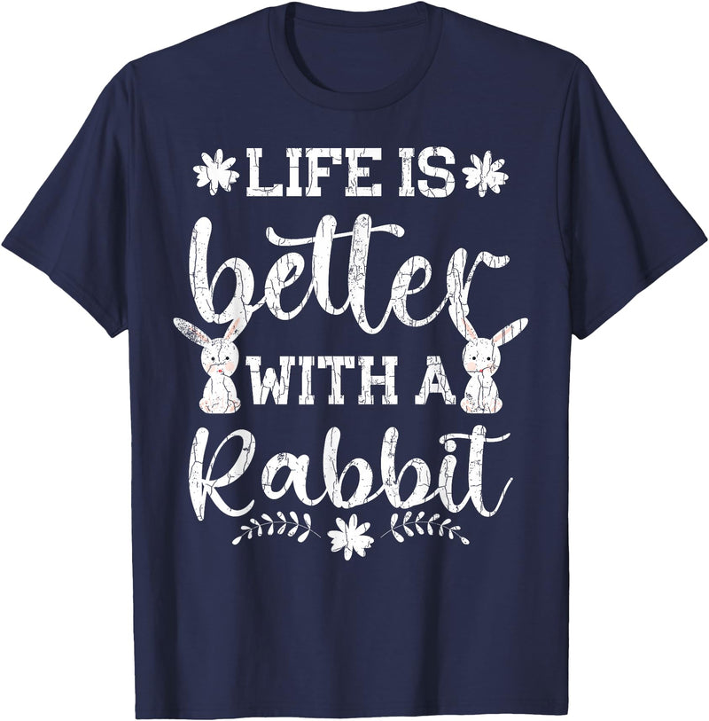 Life Is Better Funny Rabbit Graphic Bunny T-Shirt in Navy Blue