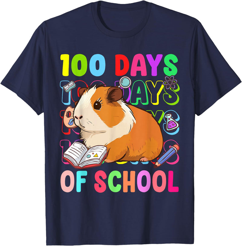 Happy 100 Days Of School Guinea Pig Funny Gift 100 Days Of School Guinea Pig Lovers Boy Girl Kids T-Shirt - Navy Blue