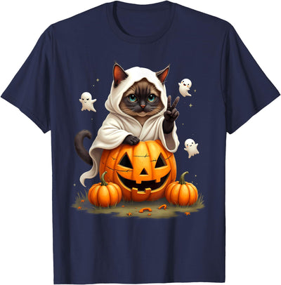 Pumpkin Ghost Boo Siamese Cat Pumpkin Boo Ghost Siamese Cat Halloween Costume T-Shirt for Men Women Kids