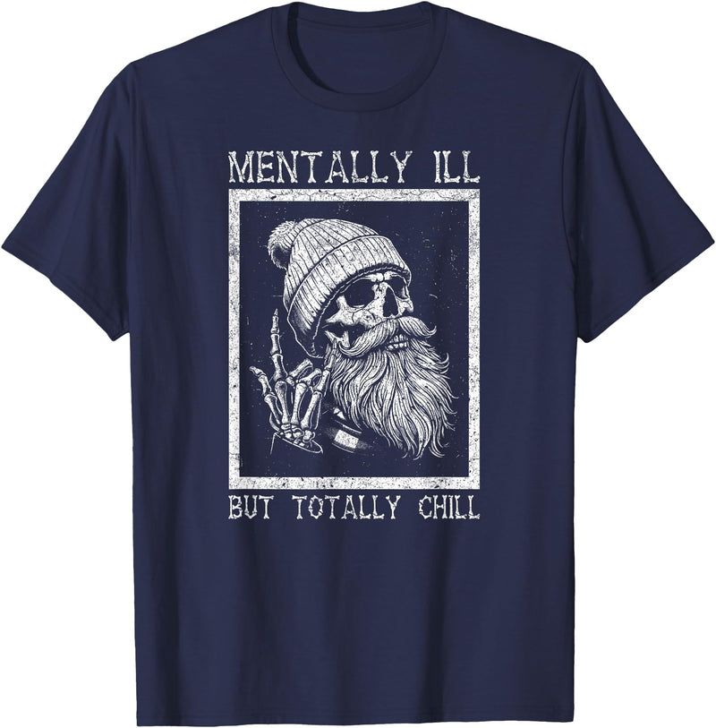 Spooky Vibes & Horror Humor Lovers Design Funny Halloween Creepy Bearded Skull Quote T-Shirt - Navy Blue
