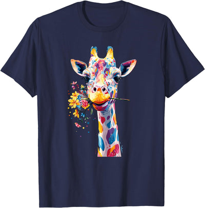 Rainbow Giraffe with Flowers T-Shirt