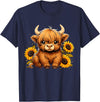 Cute Scottish Highland Cow Sunflower Highland Cow Farm T-Shirt - Navy Blue