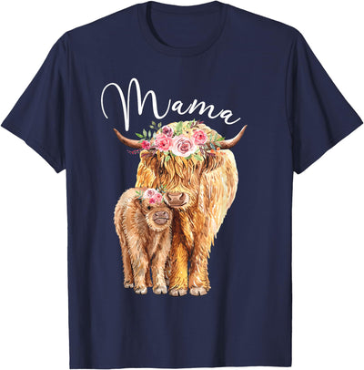 Highland Cow Mamas Mama with Baby Calf Floral Mothers Day T-Shirt