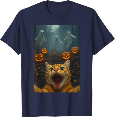 Spooky Halloween Cat Selfie Ghosts & Pumpkin Boo Spooky Halloween Funny Cat Selfie with Ghost Boo Pumpkin T-Shirt