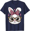 Cute Easter Rabbit Face Leopard Bow Sunglasses Bunny Girls T-Shirt in Navy Blue