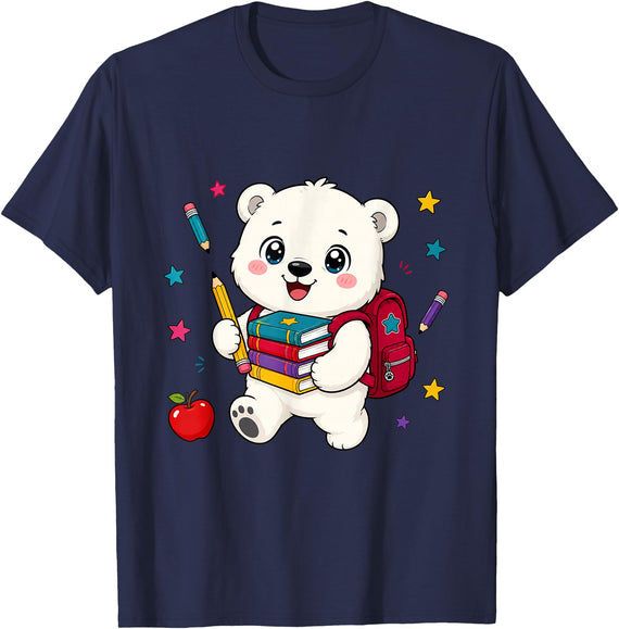 HyggeGoods Cute Polar Bear Back to School Kids Teacher Student T-Shirt - Navy Blue
