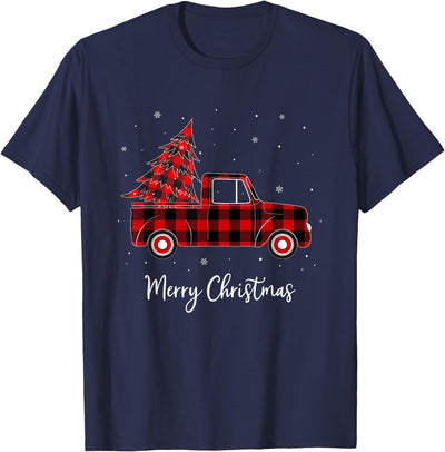 Cow Merry Christmas Buffalo Red Plaid Truck Tree T-Shirt