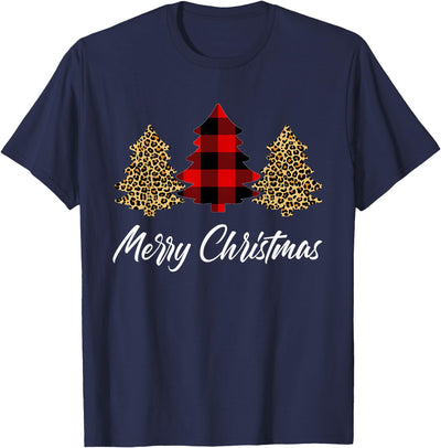 Merry Christmas Leopard Buffalo Plaid Christmas Tree Xmas T-Shirt