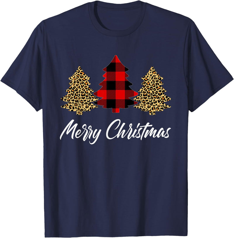 Merry Christmas Plaid Apparels Co. Merry Christmas, Leopard buffalo plaid Christmas tree Xmas T-Shirt - Navy Blue