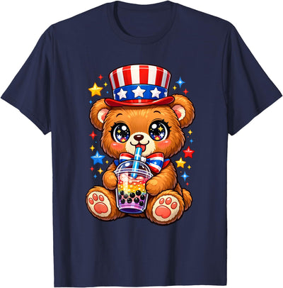 Cute Teddy Bear Patriotic 4th July Gift Bubble Boba Tea USA T-Shirt