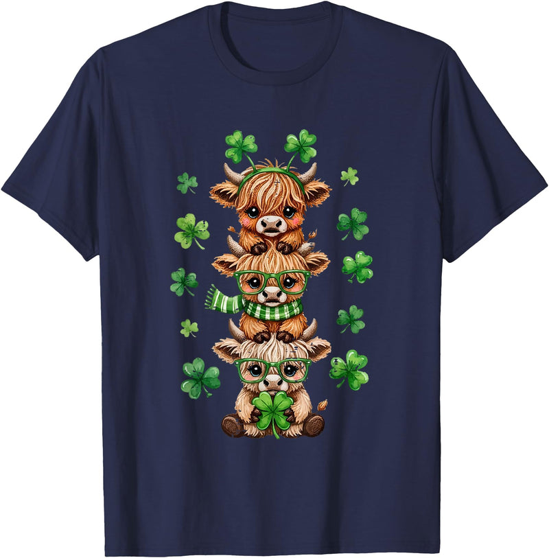 St Patricks Day Highland Cow Lucky Irish Shamrock Funny St Patrick's Day Highland Cow Lucky Shamrock Irish T-Shirt - Navy