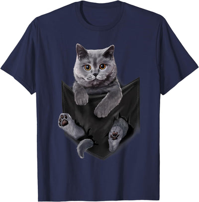 Cat Craze Tees British Grey Cat in Pocket T-Shirt Cats Tee Shirt Gifts T-Shirt