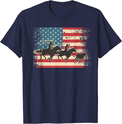 Rodeo Western Horse Team Roping Rodeo Horse Cowboy American USA Flag T-Shirt