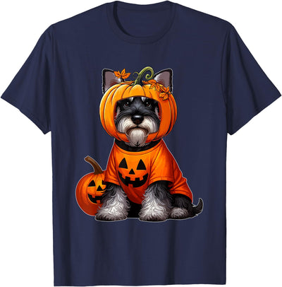 Dog Thanksgiving Costume Schnauzer Cosplay Horror Carved Pumpkin Halloween Owner Kids T-Shirt
