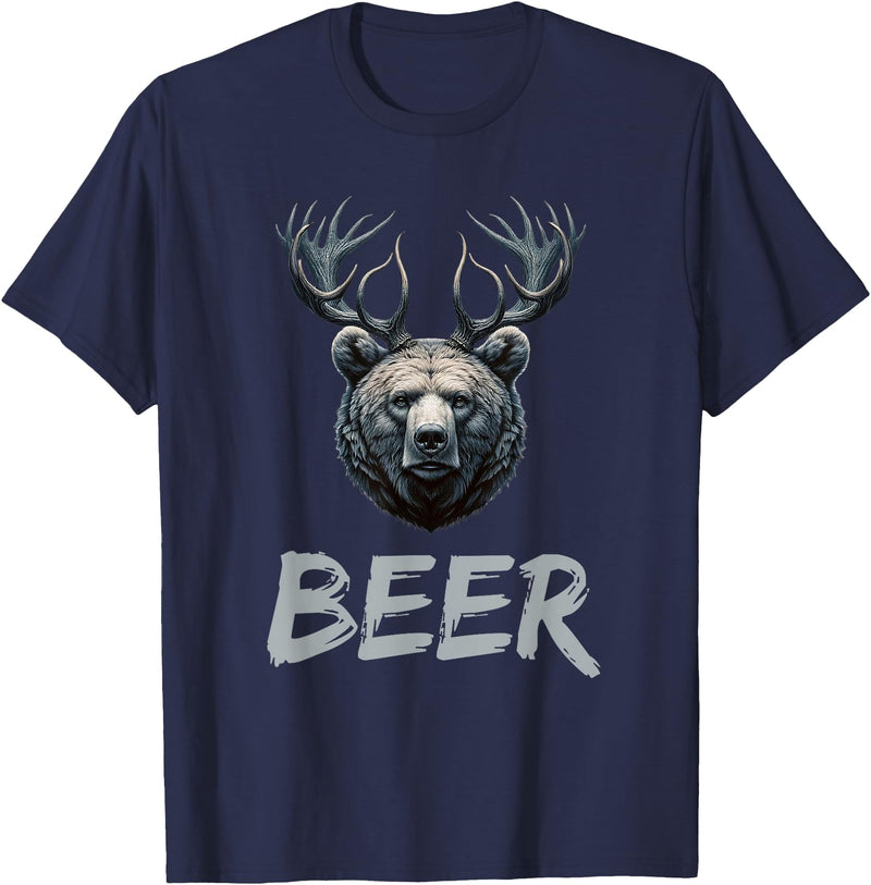Bear With Antlers Drinker Party Deer Beer Beer Bear Deer Grizzly Bear With Antlers Beer T-Shirt - Navy Blue