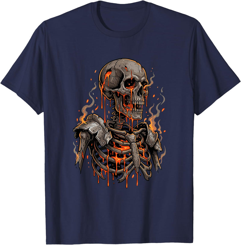 Molten Skull Fire Horror Skeleton Art Designs Spooky Halloween Skull Skeleton Fire Dark Fantasy T-Shirt - Navy Blue