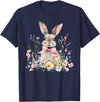 Funny Bunny Wildflower Rabbit Eggs Happy Easter Retro Trendy T-Shirt in Navy Blue