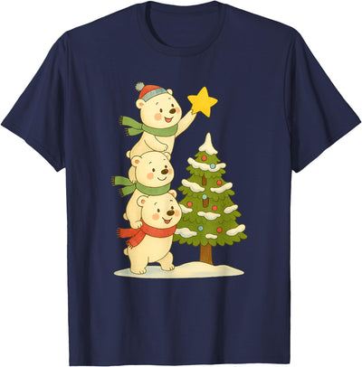Cute Polar Bear Stacking Star on Tree Christmas T-Shirt