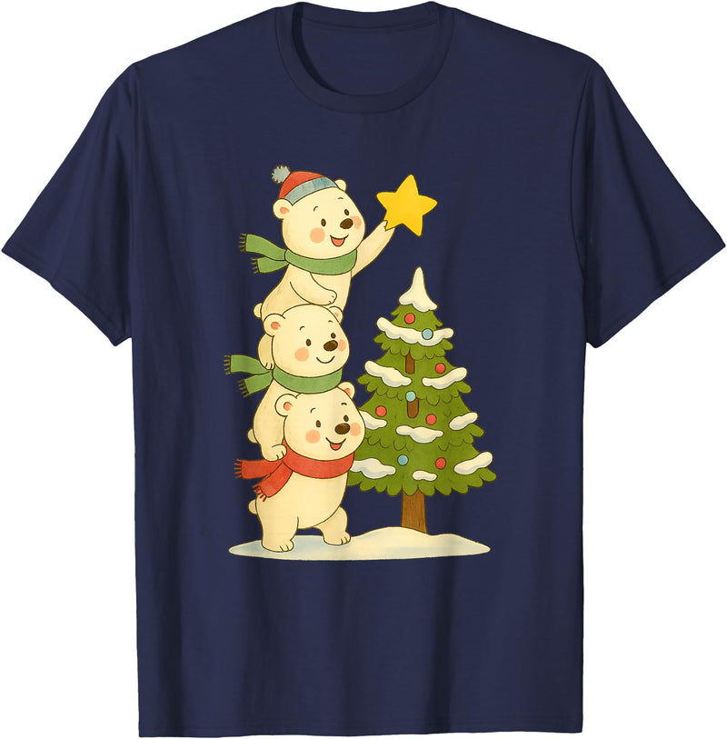Cute Xmas Bear Cartoon for Kids and Family Cute Polar Bear Stacking Star on Tree Christmas T-Shirt - Navy Blue