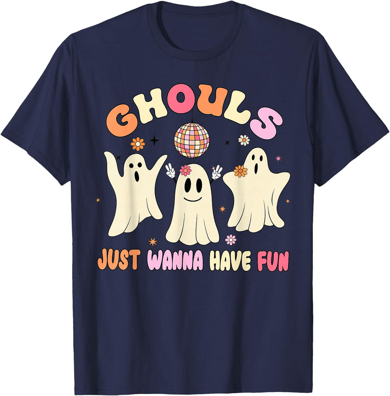 Groovy Ghosts Just Wanna Have Fun Funny Halloween T-Shirt - Navy Blue