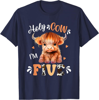 Holy Cow Im Five Scottish Highland Cow Print 5th Birthday T-Shirt
