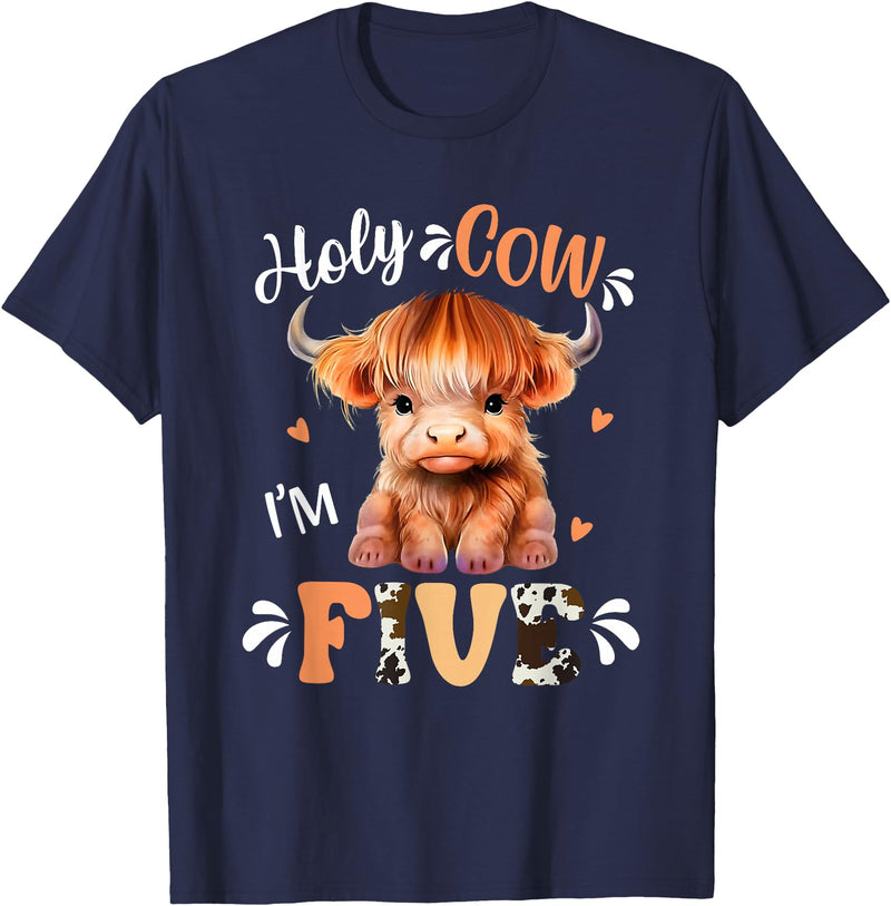 Highland Cow Print 5 Year Old Birthday Gift Holy Cow Im Five Scottish Highland Cow Print 5th Birthday T-Shirt - Navy Blue