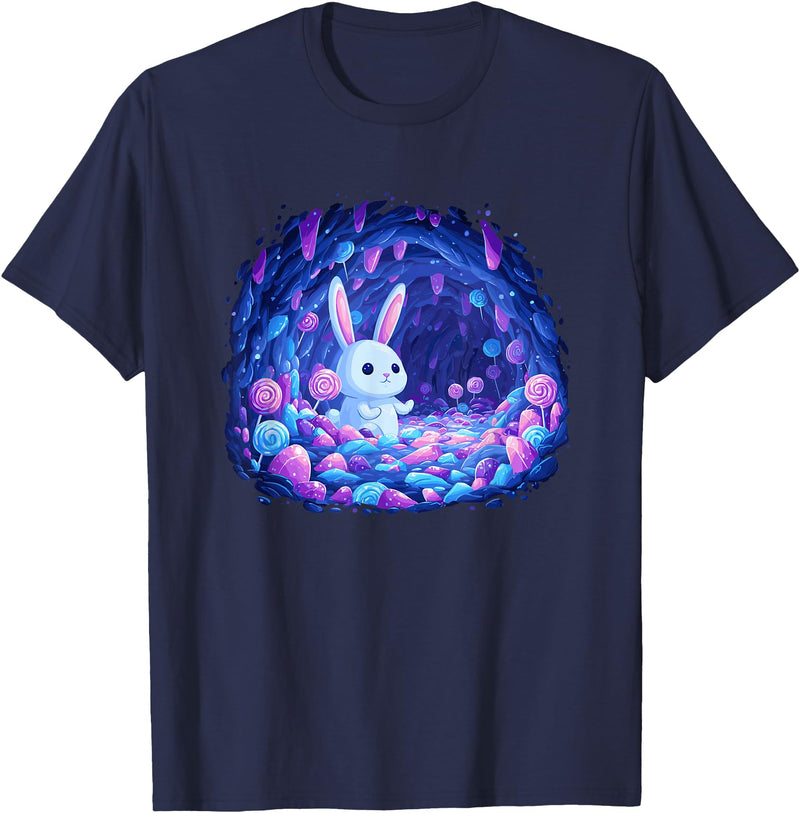 Enchanting Bunny in Candy Cave Fantasy World T-Shirt in Navy Blue