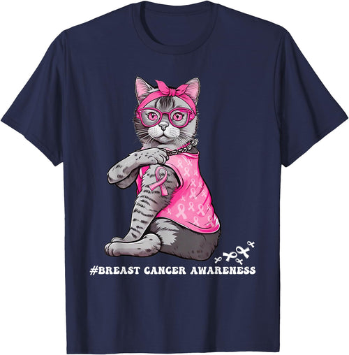 Nad-In October We Wear Pink Funny Cat Pink Ribbon In October We Wear Pink Breast Cancer T-Shirt - Navy Blue