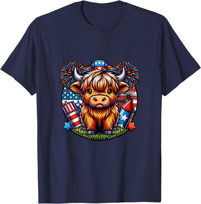 Highland Cow 4th of July Patriotic Cute Cow Farmer T-Shirt