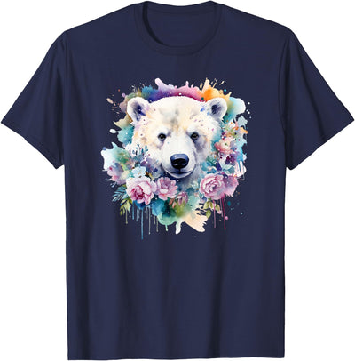 Colorful Polar Bear Kids Arctic Wildlife Painting Polar Bear Floral Watercolor Animal Cute Polar Bear Face T-Shirt